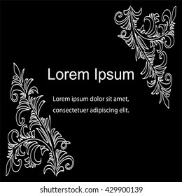 Vector Illustration. Template for Visiting Cards, Labels, Fliers, Banners, Badges, Posters, Stickers and Advertising Actions.  Beautiful White  Floral Pattern on Black Background. Vintage Style.