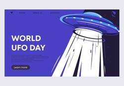 Vector Illustration Template For A Web Banner Of A Flying Saucer With A Projection Light On The Background Of Outer Space