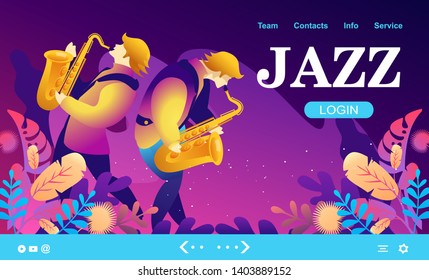 Vector illustration, template for web banner, landing page with live music jazz and blues, radio, for internet users