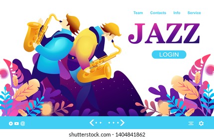 Vector illustration, template for web banner, landing page with live music jazz and blues, radio, for internet users