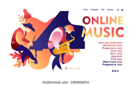 Vector illustration, template for web banner, landing page with live music jazz and blues, radio, for internet users