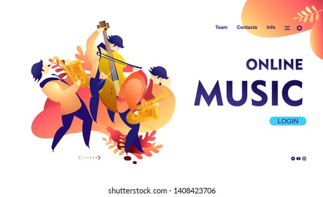 Vector illustration, template for web banner, landing page with live music jazz and blues, radio, for internet users