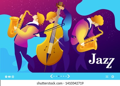Vector illustration, template for web banner, landing page with live music jazz and blues, radio, for internet users