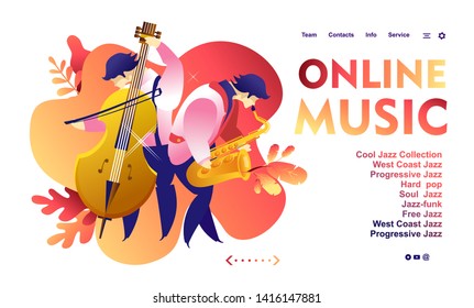 Vector illustration, template for web banner, landing page with live music jazz and blues, radio, for internet users