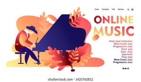 Vector illustration, template for web banner, landing page with live music jazz and blues, radio, for internet users