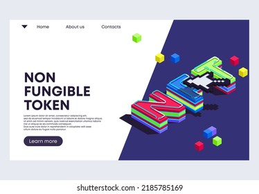 Ilustración vectorial de una plantilla para un sitio web de la letra NFT con un cursor del ratón de píxel en el estilo de isometría con efecto de iluminación del neón