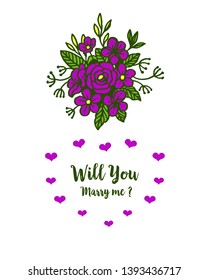 Vector illustration template will you marry me with various design purple flower frame hand drawn