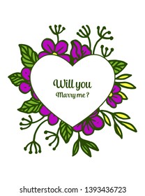 Vector illustration template will you marry me with various design purple flower frame hand drawn