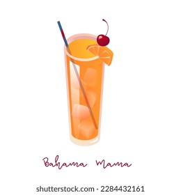 Vector Illustration templateof Cocktail Bahama Mama with ice and garnish, orange slice and cherry