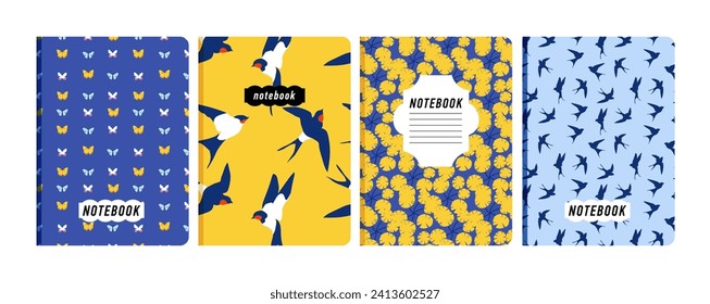 Vector illustration templates cover pages for notebooks, planners, brochures, books, catalogs with flowers, butterflies and swallow birds prints