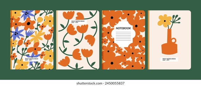 Vector illustration templates cover pages for notebooks, planners, brochures, books, catalogs with simple groovy flowers. Floral wallpapers