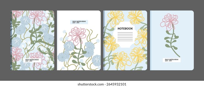 Vector illustration templates cover pages for notebooks, planners, brochures, books, catalogs with flowers. Art nouveau flowers wallpapers