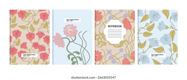 Os modelos de ilustração vetorial abrangem páginas para cadernos, planejadores, brochuras, livros, catálogos com flores. Papéis de parede de flores art nouveau