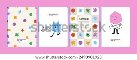 Vector illustration templates cover pages for notebooks, planners, brochures, books, catalogs with cute and funny geometric characters