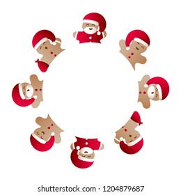 Vector illustration templates with icons of gingerbread men with gift bag, red Santa Claus' clothes and beard on a white background