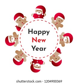 Vector illustration templates with icons of gingerbread men with gift bag, red Santa Claus' clothes and beard on a white background. Text Happy New Year