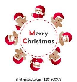 Vector illustration templates with icons of gingerbread men with gift bag, red Santa Claus' clothes and beard on a white background. Text Merry Christmas