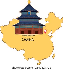 Vector illustration of the Temple of Heaven placed on a simplified map of China, highlighting cultural significance