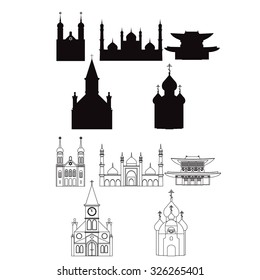 vector illustration of temples. symbols of most popular religions.