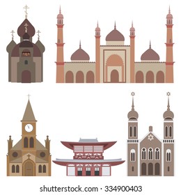 vector illustration of temples. symbols of most popular religions