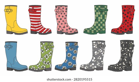 Vector illustration of ten assorted rubber rain boots in two rows. Features diverse patterns including stripes, polka dots, floral prints, and solid colors on a white background.