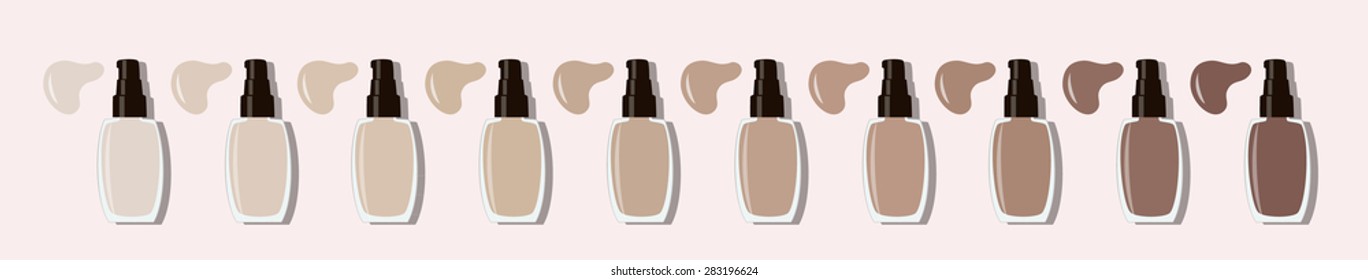 vector illustration of ten bottles of foundation in a row, in different shades, on pink background
