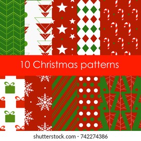 Vector illustration ten Christmas different seamless patterns. Bright colors texture for wallpaper, web page background, wrapping paper, flat style.