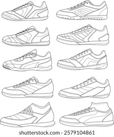 a vector illustration of ten different sneaker designs, each with unique patterns and sole styles, highlighting the variety in athletic shoe design.