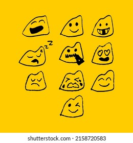 Vector illustration, ten emoticons isolated on yellow background, freehand drawing style.