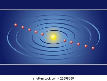 Vector illustration of ten red spheres orbiting around a brilliant yellow sun, on a blue background