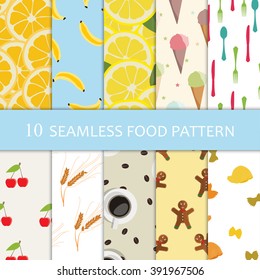 Vector illustration ten seamless food pattern. Collection of seamless backgrounds with orange, lemon, banana, ice cream, cherry, coffeee and cookies, pasta and wheat