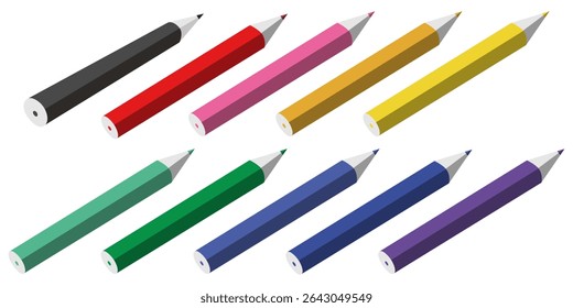 Vector illustration of ten sharpened colored pencils in perspective, arranged on a white background; ideal for art, school, and design themes.

