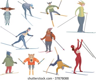 Vector illustration of ten various figures of people, sportsmen, comic characters and dog who go to ski