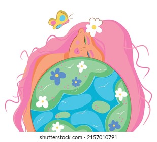 Vector illustration tender girl with pink hair hugs planet earth globe with love and joy planet day earth day ecology