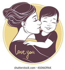 Vector illustration. Tender hugs of mother and her child