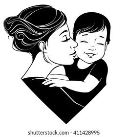 Vector illustration. Tender hugs of mother and her child.  