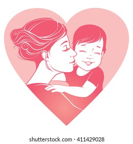 Vector illustration. Tender hugs of mother and her child.  
