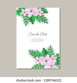 Vector illustration of tender wedding invitation card with romantic floral compositions of gentle pink flowers and green leaves on white background with empty space for text.