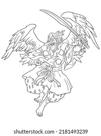 Vector Illustration of tengu with wings and holding katana