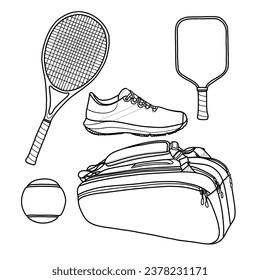 Vector illustration of tennis ball equipment set hand drawn sketch, Containing racquet, tennis ball, shoes, pickleball paddle and equipment bags. Isolated on white background