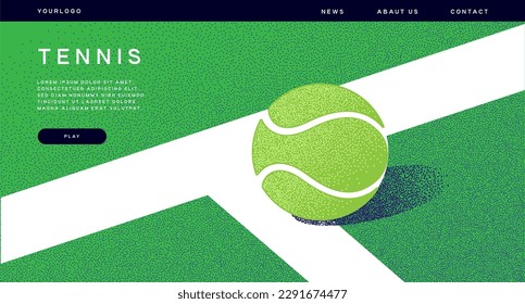 Ilustración vectorial - una pelota de tenis yace en una cancha verde. Cartel, sitio web, plantilla de afiches con lugar para el texto.