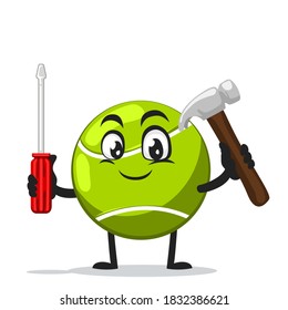 vector illustration of tennis ball mascot or character holding hammer and screwdriver