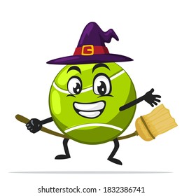 vector illustration of tennis ball mascot or character wearing witch costume and ride flying broom