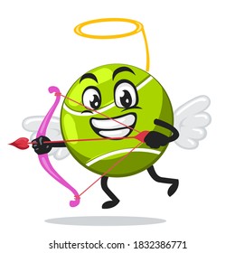 vector illustration of tennis ball mascot or character wearing cupid costume and holding a bow