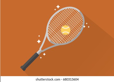 vector illustration of tennis ball and racket on orange flat background