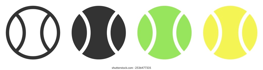 Vector illustration of tennis balls in four different color variations, symbolizing sports, fitness, and leisure activities. Perfect for sports-related designs.