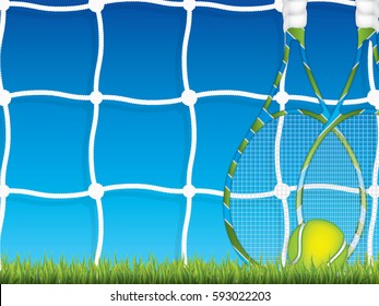 Vector illustration of tennis brochure with racket and ball.