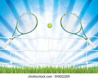 Vector illustration of tennis brochure with racket and ball.