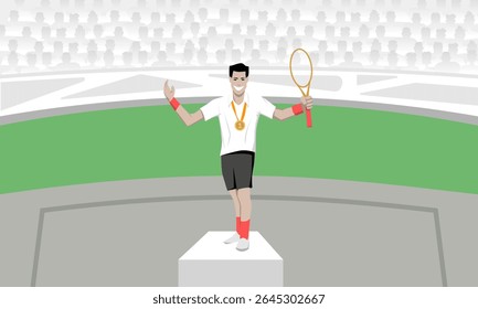 Ilustração vetorial de um campeão de tênis de pé em um pódio com uma medalha de ouro e raquete, sorrindo e celebrando na frente de uma multidão de estádios. Perfeito para esportes e temas de vitória