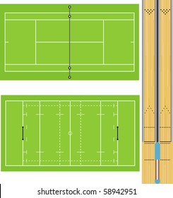 Vector illustration of Tennis court, Rugby field, and Ten Pin Bowling lanes. Accurately proportioned.
